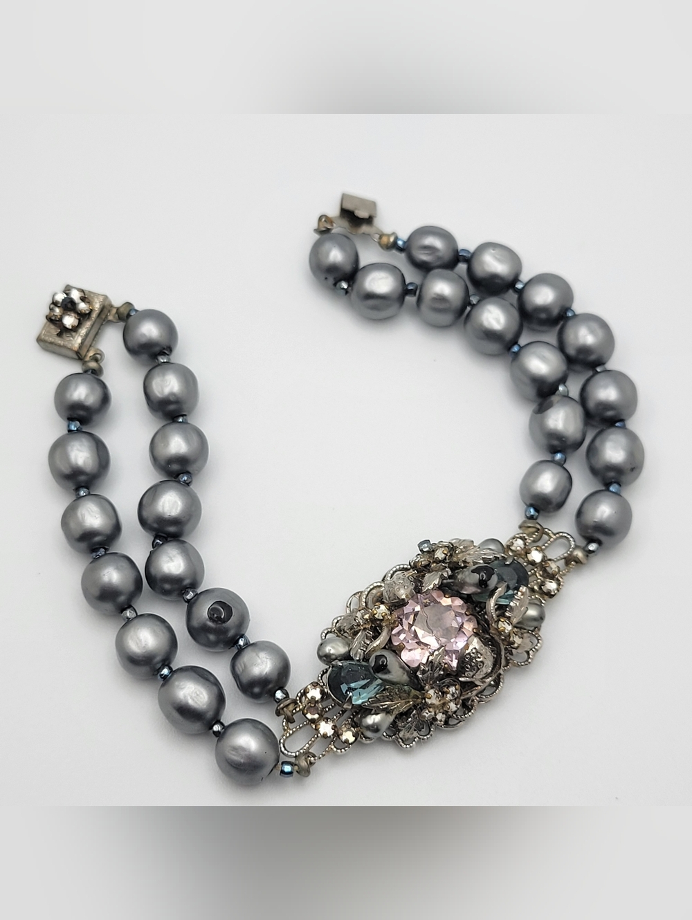Vintage 1950s Double Strand Grey Pearl Rhinestone Bracelet Ornate Centerpiece